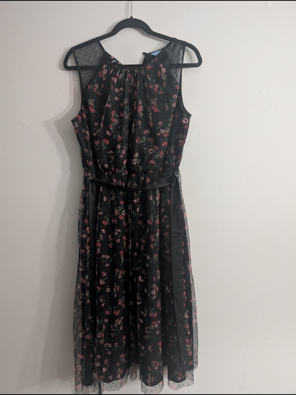 Black Floral Mesh Midi Dress with Red Rose Print